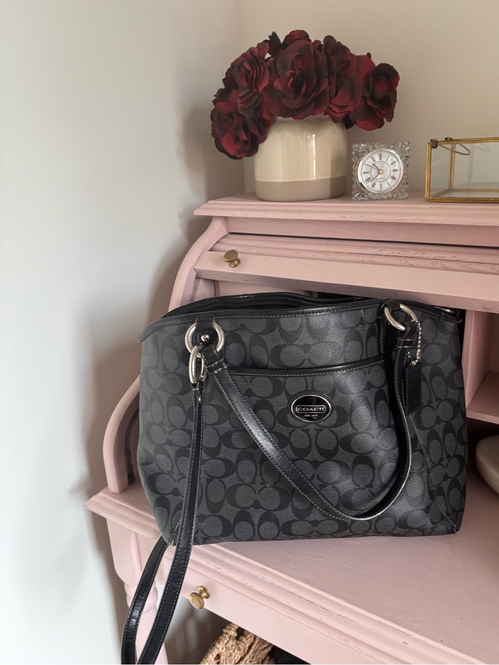 Coach Peyton Gray and Black Signature Shoulder Bag